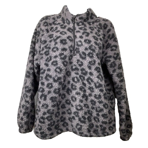 Womens Fleece Leopard Jacket Size M 1/1 Zip Thick Warm Cozy Soft Retro‎ Y2K - Picture 1 of 5